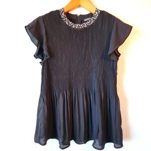 adrianna papell embellished beaded neck flutter sleeve womens top black size Med